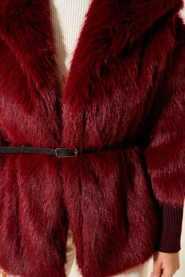 Bilek Ribanalı Kürklü Mont Bordo - Mont