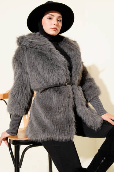 Bilek Ribanalı Kürklü Mont Füme - Mont