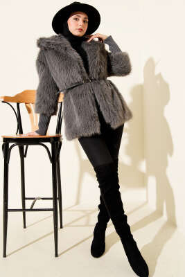 Bilek Ribanalı Kürklü Mont Füme - Mont