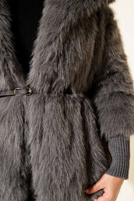 Bilek Ribanalı Kürklü Mont Füme - Mont