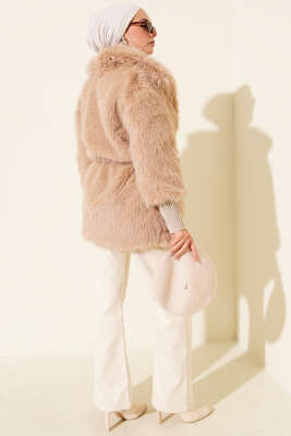 Bilek Ribanalı Kürklü Mont Latte - Mont