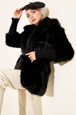 Bilek Ribanalı Kürklü Mont Siyah - MUSTİ