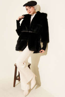 Bilek Ribanalı Kürklü Mont Siyah - Mont