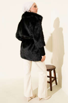 Bilek Ribanalı Kürklü Mont Siyah - Mont