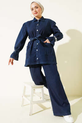 Bilek Taşlı Metal Düğmeli Kot İkili Takım Lacivert 