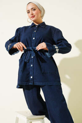 Bilek Taşlı Metal Düğmeli Kot İkili Takım Lacivert - İkili Takım