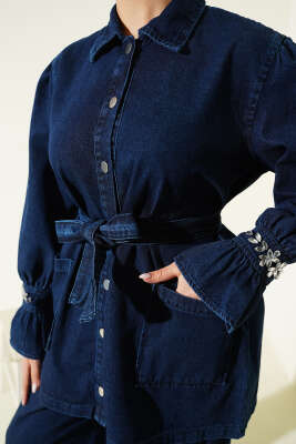 Bilek Taşlı Metal Düğmeli Kot İkili Takım Lacivert - İkili Takım