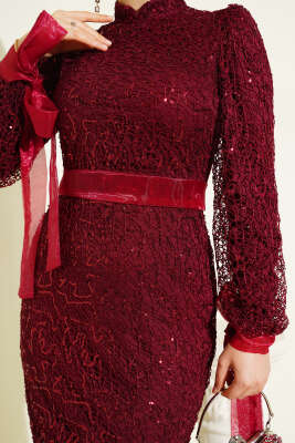 Bilek Tül Bağcıklı Pul Payet Abiye Elbise Bordo - Elbise