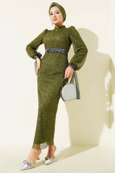 Bilek Tül Bağcıklı Pul Payet Abiye Elbise Haki - Elbise