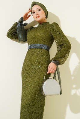 Bilek Tül Bağcıklı Pul Payet Abiye Elbise Haki - Elbise