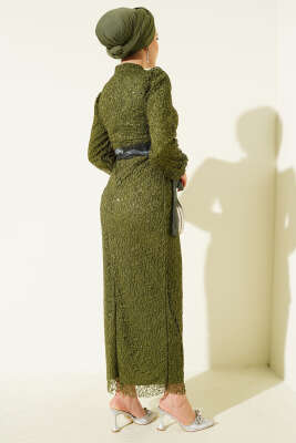 Bilek Tül Bağcıklı Pul Payet Abiye Elbise Haki - Elbise