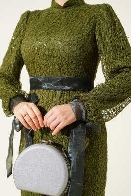 Bilek Tül Bağcıklı Pul Payet Abiye Elbise Haki - Elbise