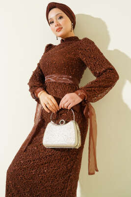 Bilek Tül Bağcıklı Pul Payet Abiye Elbise Kahve - Elbise