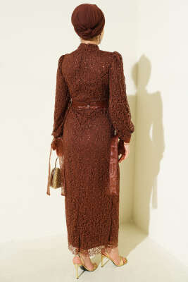 Bilek Tül Bağcıklı Pul Payet Abiye Elbise Kahve - Elbise