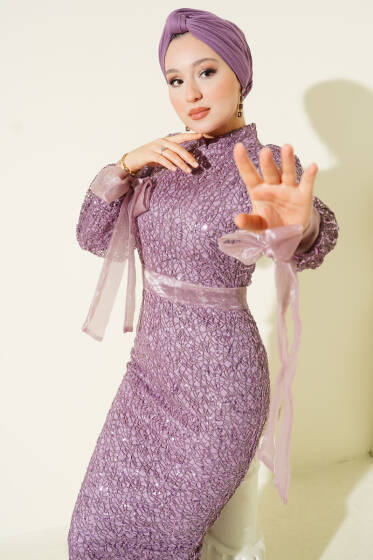 Bilek Tül Bağcıklı Pul Payet Abiye Elbise Lila - Elbise