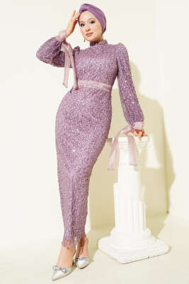 Bilek Tül Bağcıklı Pul Payet Abiye Elbise Lila - Elbise