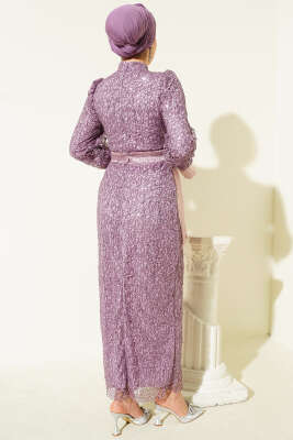 Bilek Tül Bağcıklı Pul Payet Abiye Elbise Lila - Elbise