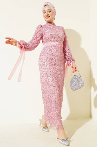 Bilek Tül Bağcıklı Pul Payet Abiye Elbise Pembe - Elbise