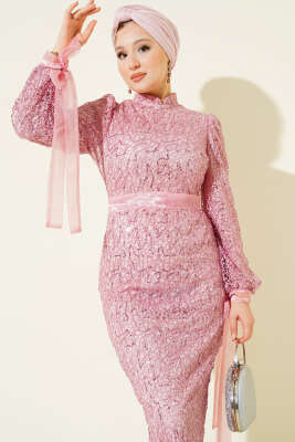 Bilek Tül Bağcıklı Pul Payet Abiye Elbise Pembe - Elbise