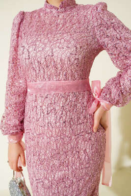 Bilek Tül Bağcıklı Pul Payet Abiye Elbise Pembe - Elbise