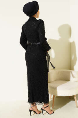 Bilek Tül Bağcıklı Pul Payet Abiye Elbise Siyah - Elbise