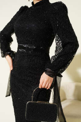 Bilek Tül Bağcıklı Pul Payet Abiye Elbise Siyah - Elbise