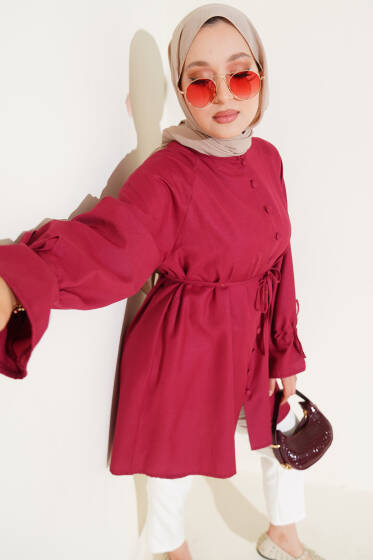 Bilek Tünelli Brit Düğmeli Gömlek Bordo - Gömlek