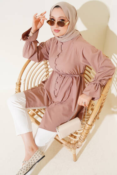 Bilek Tünelli Brit Düğmeli Gömlek Pudra - Gömlek