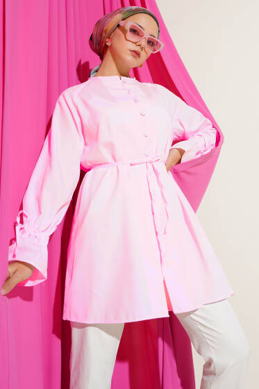 Bilek Tünelli Brit Düğmeli Gömlek Toz Pembe - Gömlek