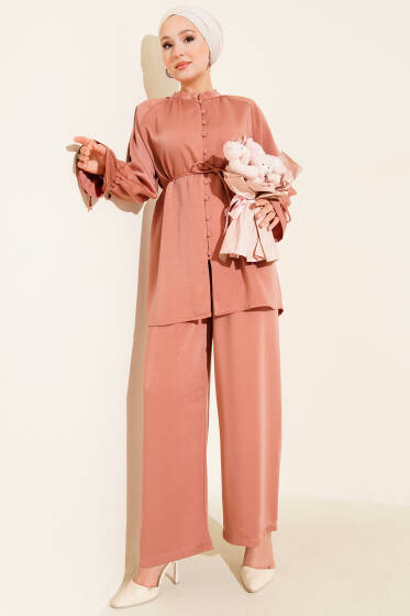 Bilek Tünelli Brit Düğmeli İkili Takım Gül Kurusu - İkili Takım