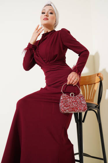Bilek Tüylü Degaje Yaka Elbise Bordo - Elbise