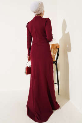 Bilek Tüylü Degaje Yaka Elbise Bordo - Tesettür Elbise