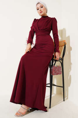 Bilek Tüylü Degaje Yaka Elbise Bordo - Tesettür Elbise