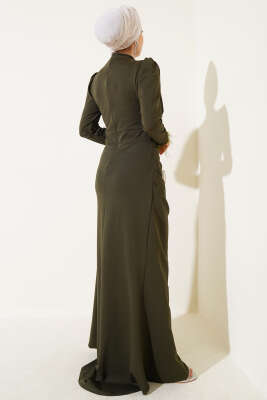 Bilek Tüylü Degaje Yaka Elbise Haki - Tesettür Elbise