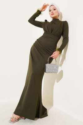 Bilek Tüylü Degaje Yaka Elbise Haki 