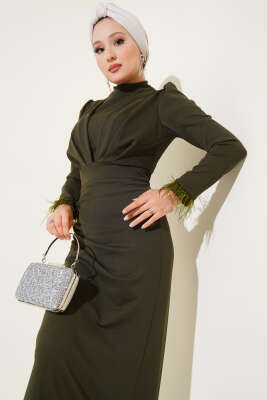Bilek Tüylü Degaje Yaka Elbise Haki - Tesettür Elbise