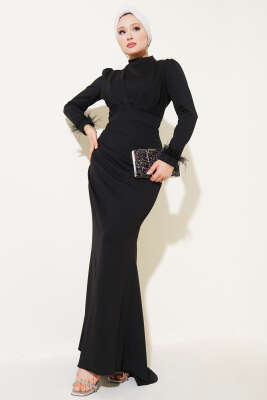 Bilek Tüylü Degaje Yaka Elbise Siyah 