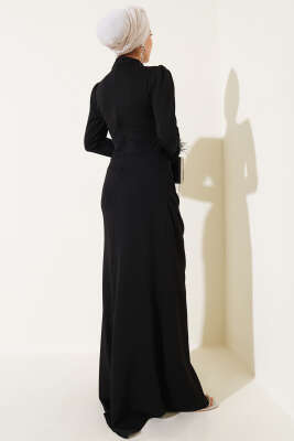 Bilek Tüylü Degaje Yaka Elbise Siyah - Tesettür Elbise