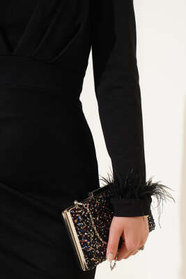 Bilek Tüylü Degaje Yaka Elbise Siyah - Tesettür Elbise