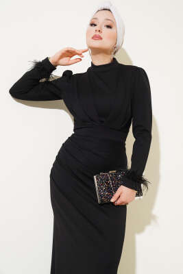 Bilek Tüylü Degaje Yaka Elbise Siyah - Tesettür Elbise
