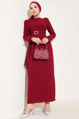 Bilek Tüylü Kemerli Elbise Bordo - Tesettür Elbise