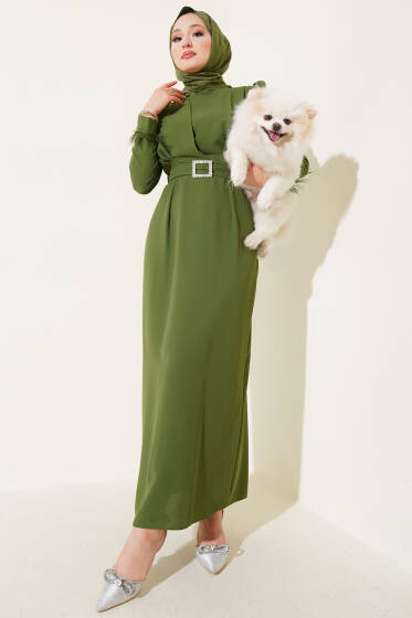 Bilek Tüylü Kemerli Elbise Haki - Elbise