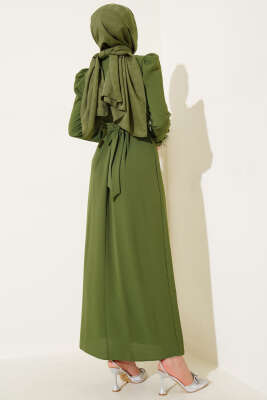 Bilek Tüylü Kemerli Elbise Haki - Tesettür Elbise