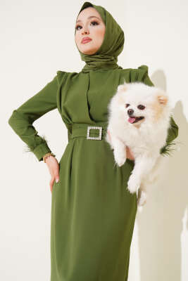 Bilek Tüylü Kemerli Elbise Haki - Tesettür Elbise