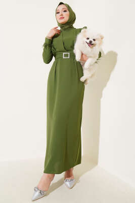 Bilek Tüylü Kemerli Elbise Haki 