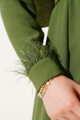 Bilek Tüylü Kemerli Elbise Haki - Tesettür Elbise