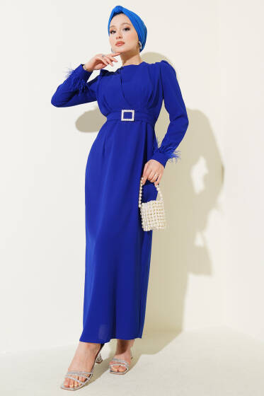 Bilek Tüylü Kemerli Elbise Saks - Elbise