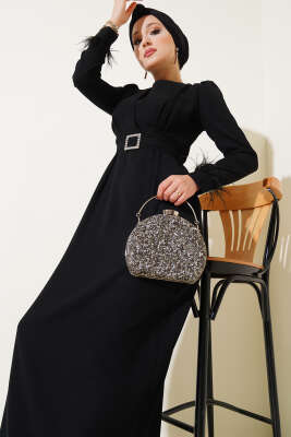 Bilek Tüylü Kemerli Elbise Siyah