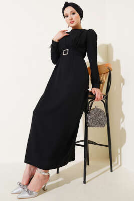 Bilek Tüylü Kemerli Elbise Siyah - Tesettür Elbise