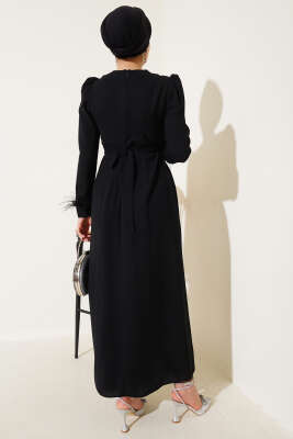 Bilek Tüylü Kemerli Elbise Siyah - Tesettür Elbise